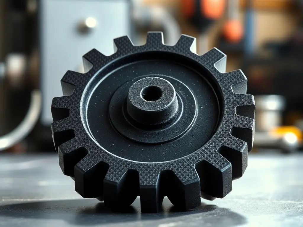 A close-up shot of a 3D printed gear made from carbon fiber reinforced nylon, showcasing the intricate details and robust structure of the material, set against a blurred background of industrial machinery.