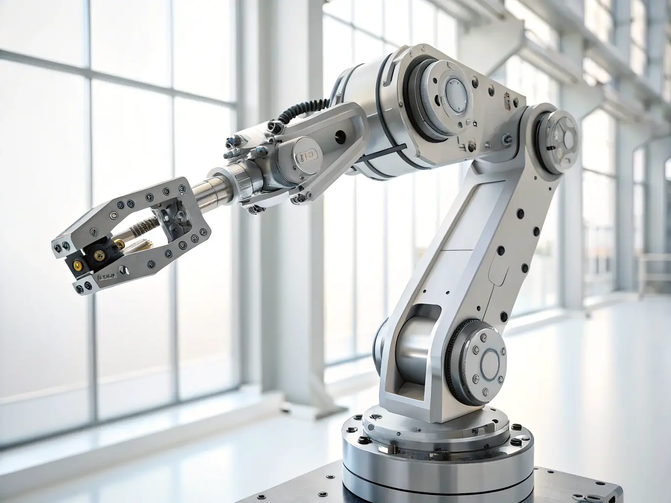 A high-resolution image of a robotic arm joint, 3D printed with a high-performance polymer, highlighting its smooth surface finish and precise dimensions, against a backdrop of a modern factory.