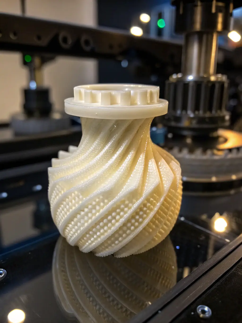 Macro photograph of a 3D printed part made from a high-performance composite, showing the layered structure and the material's unique texture under studio lighting.