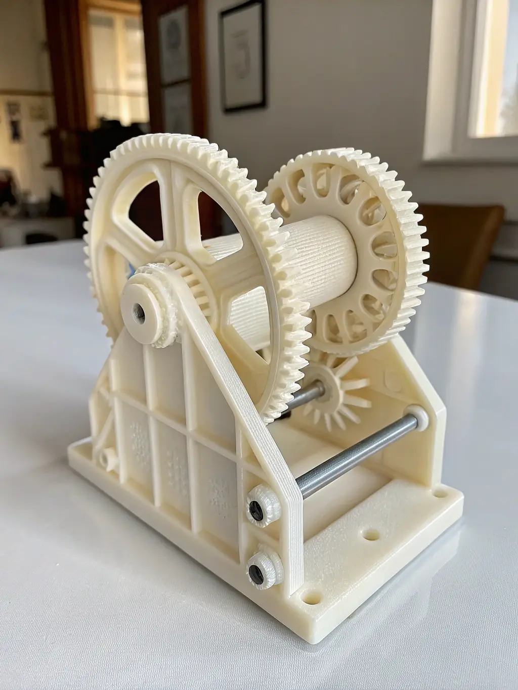 Detailed image of a 3D printed nylon gear, highlighting the smooth surface finish and intricate design, set against a blurred background of 3D printers.