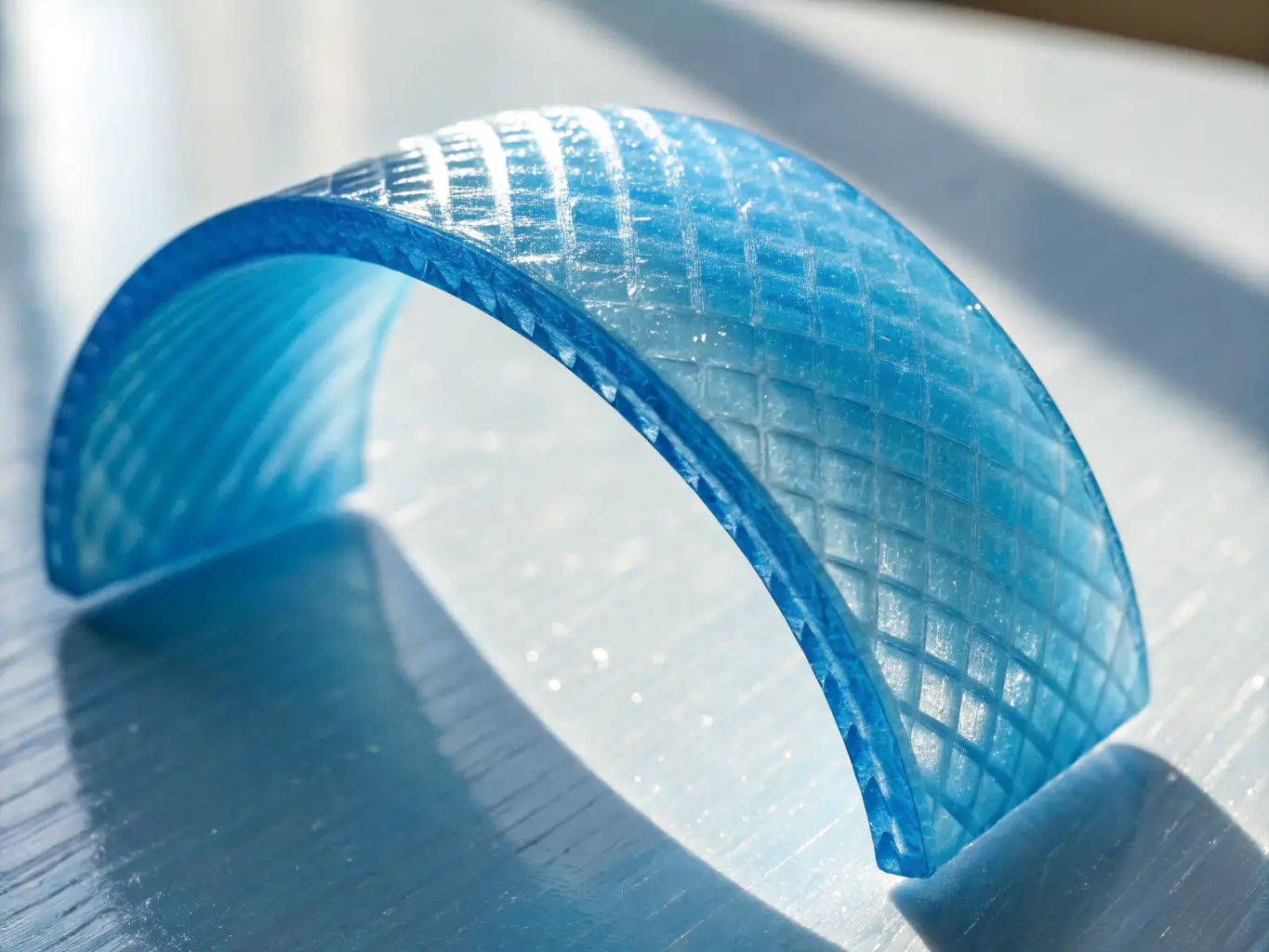 A marketing prop 3D printed with TPU filament, showcasing its flexibility and vibrant color, displayed at a trade show booth with people interacting in the background.