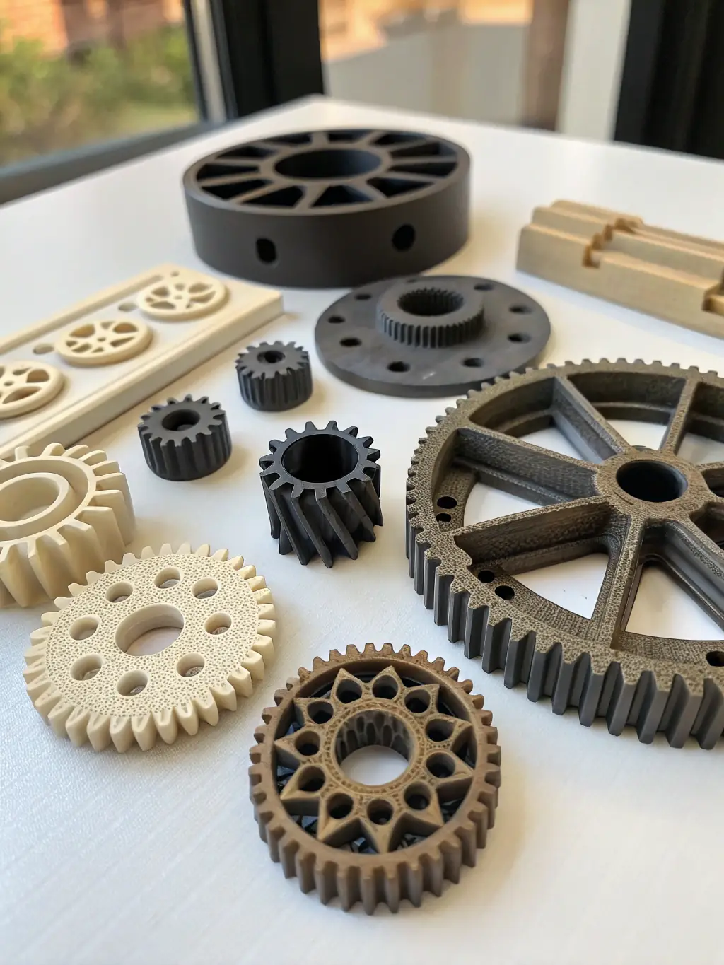 Image showcasing various 3D printed parts made from different materials (PLA, ABS, PET-G, TPU), each with a distinct color and finish, arranged on a clean workbench.