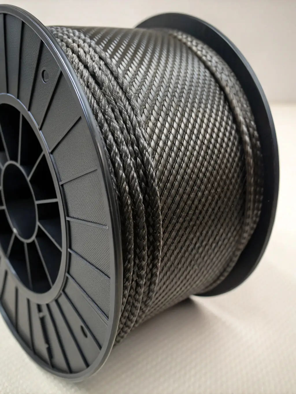 Close-up shot of a spool of carbon fiber filament, showcasing its texture and the precision winding on the spool, in a well-lit workshop setting.