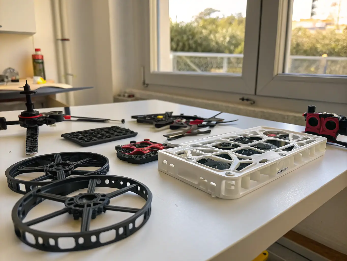 A close-up shot of a drone component made from carbon fiber filament, showcasing its intricate design and robust structure, set against a blurred background of a workshop.